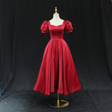 Mid-length Red Satin Prom Dresses Puff Sleeve SD1392-homecoming dresses-Viniodress-Viniodress