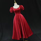 Mid-length Red Satin Prom Dresses Puff Sleeve SD1392-homecoming dresses-Viniodress-Viniodress