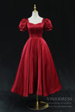Mid-length Red Satin Prom Dresses Puff Sleeve SD1392
