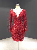 Mini Red Bodycon Cocktail Dress Long Sleeve Shimmering Party Dress FD1986B