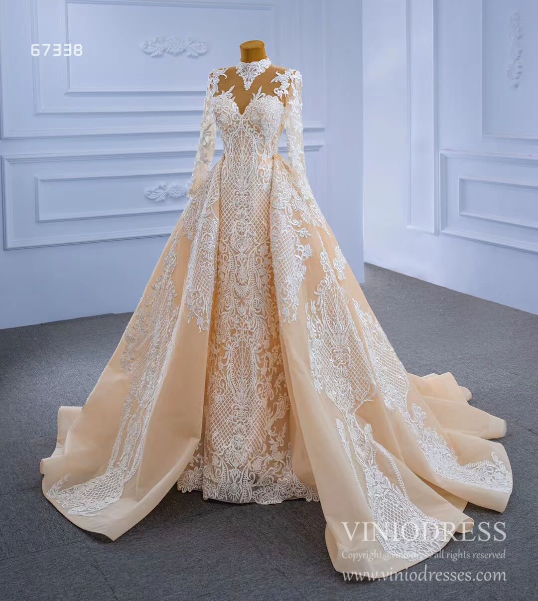 Mock Neck Lace Champagne Overskirt Wedding Dresses with Sleeves 67338-wedding dresses-Viniodress-Viniodress