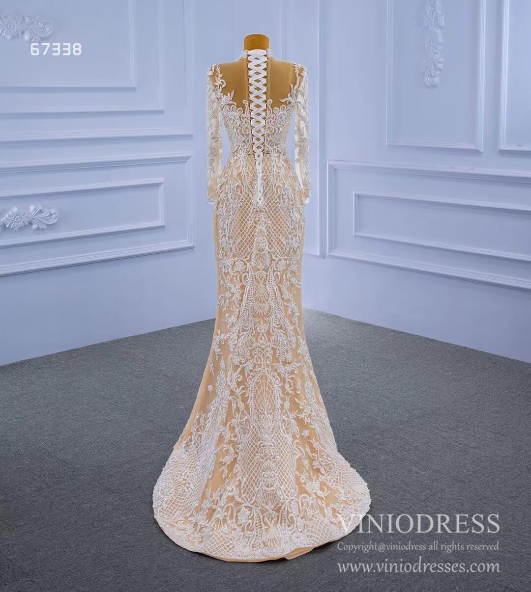 Mock Neck Lace Champagne Overskirt Wedding Dresses with Sleeves 67338-wedding dresses-Viniodress-Viniodress