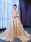 Mock Neck Lace Champagne Overskirt Wedding Dresses with Sleeves 67338