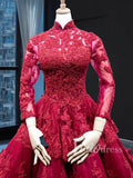 Modest Dark Red Lace Ball Gowns with Sleeves FD1217B viniodress-prom dresses-Viniodress-Viniodress