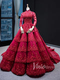 Modest Dark Red Lace Ball Gowns with Sleeves FD1217B viniodress