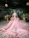 Modest Floral High Neck Pink Ball Gowns with Long Sleeves FD2311 viniodress-Quinceanera Dresses-Viniodress-Viniodress