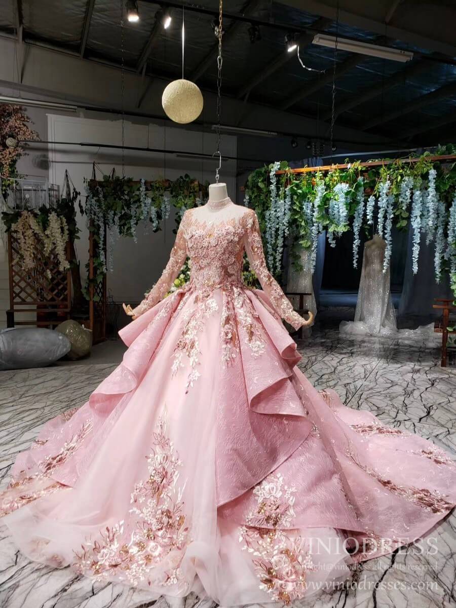 Modest Floral High Neck Pink Ball Gowns with Long Sleeves FD2311 viniodress-Quinceanera Dresses-Viniodress-Viniodress