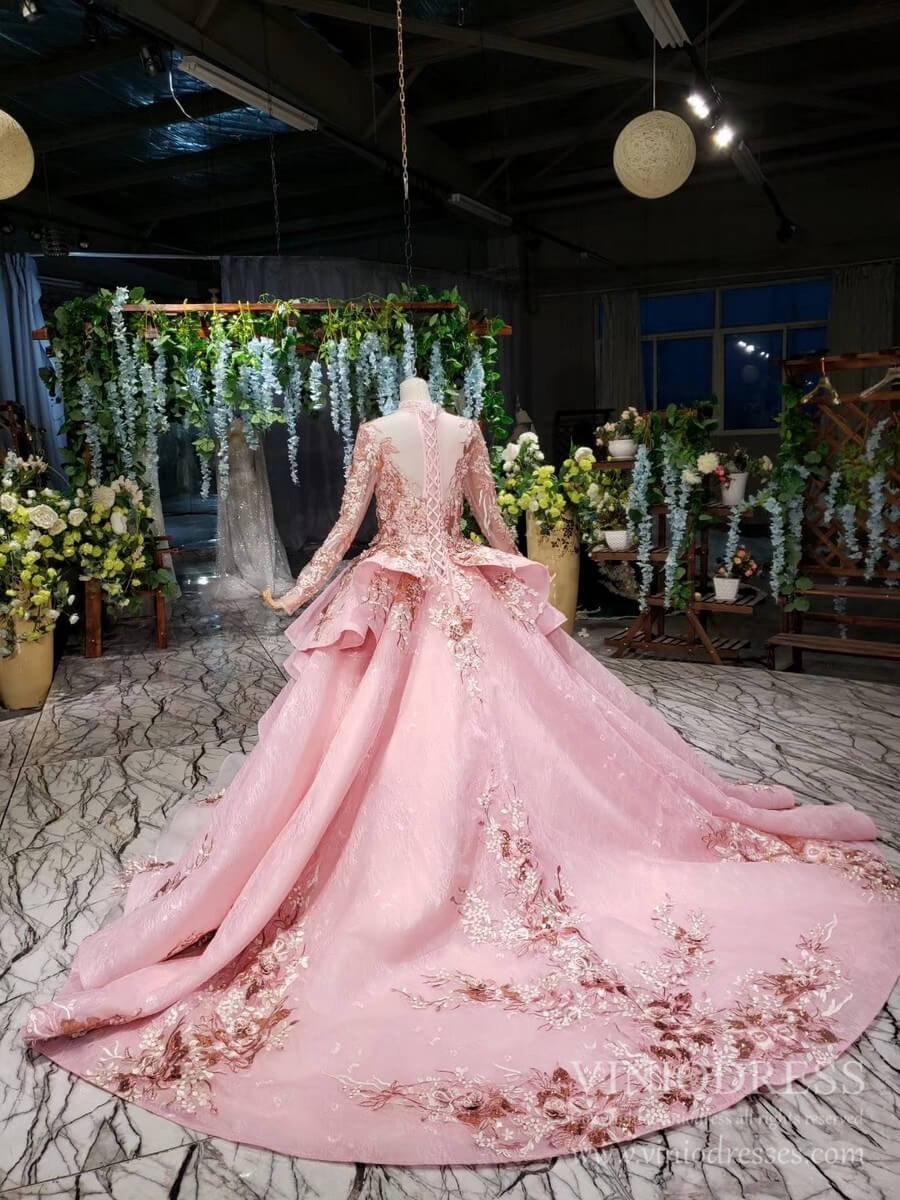 Modest Floral High Neck Pink Ball Gowns with Long Sleeves FD2311 viniodress-Quinceanera Dresses-Viniodress-Viniodress