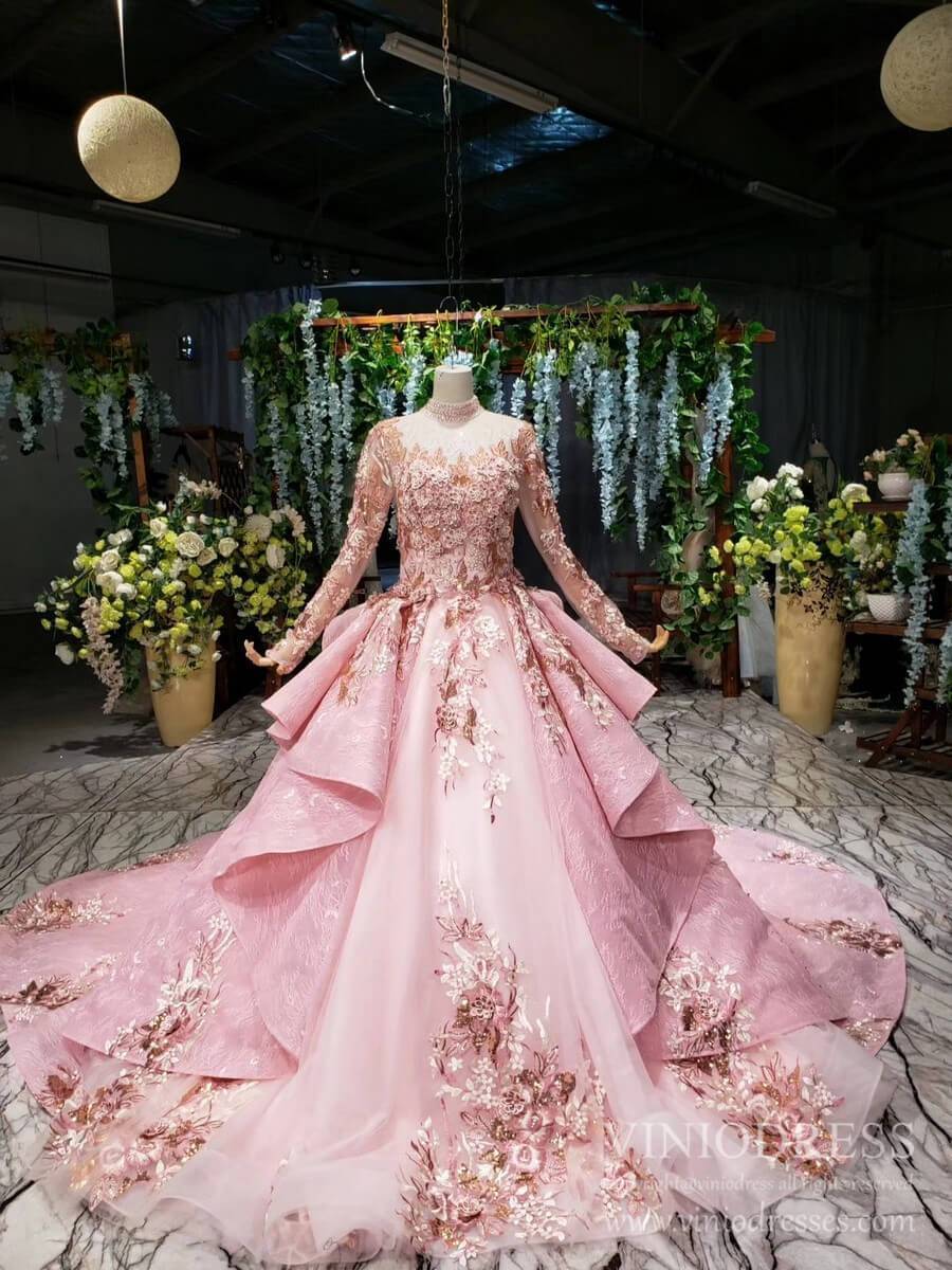 Modest Floral High Neck Pink Ball Gowns with Long Sleeves FD2311 viniodress-Quinceanera Dresses-Viniodress-As Picture-Custom Size-Viniodress