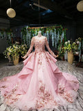 Modest Floral High Neck Pink Ball Gowns with Long Sleeves FD2311 viniodress