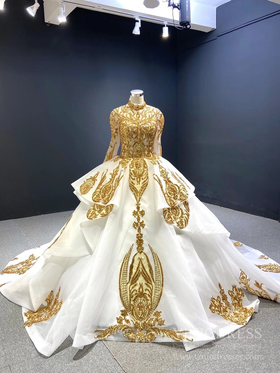 Modest Gold Long Sleeve Gown Wedding Dresses 67024 High Neck-Quinceanera Dresses-Viniodress-Ivory-Custom Size-Viniodress