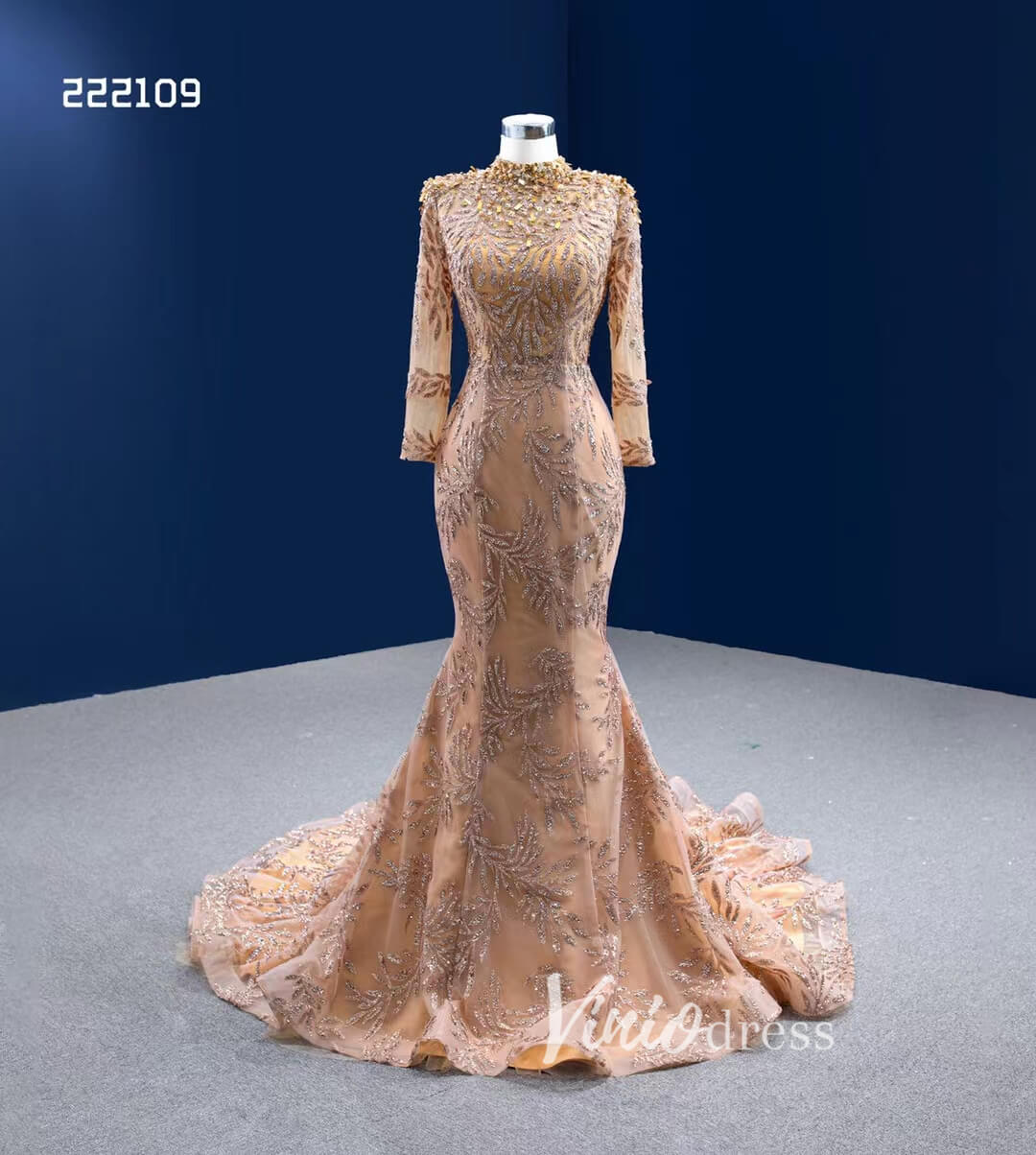 Modest Gold Mermaid Wedding Dress High Neck Long Sleeve Pageant Dress 222109-wedding dresses 2025 -Viniodress-Gold-Custom Size-