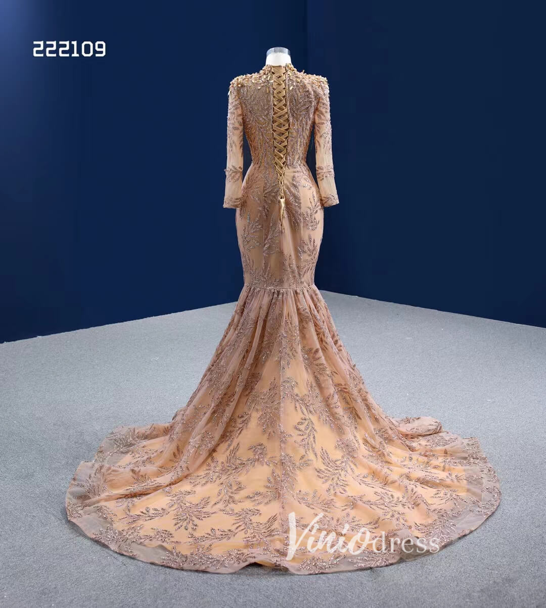 Modest Gold Mermaid Wedding Dress High Neck Long Sleeve Pageant Dress 222109-wedding dresses 2025 -Viniodress-Gold-Custom Size-