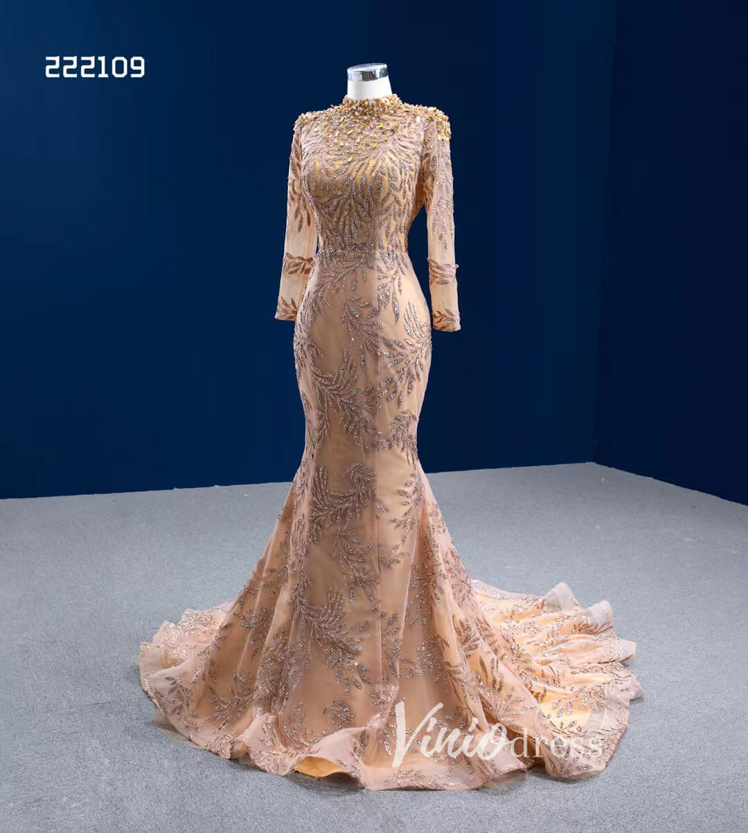 Modest Gold Mermaid Wedding Dress High Neck Long Sleeve Pageant Dress 222109-wedding dresses 2025 -Viniodress-Gold-Custom Size-