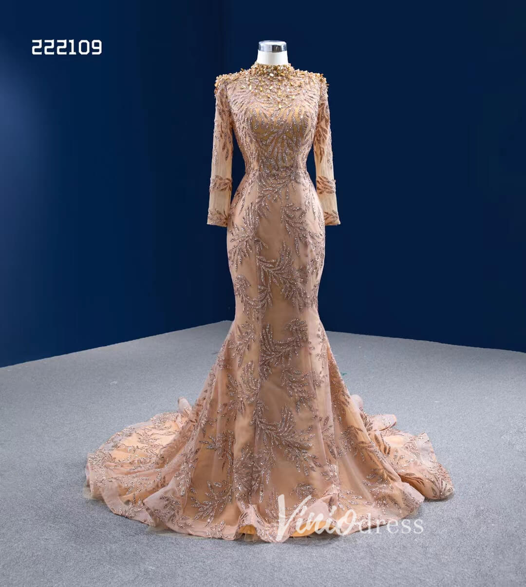 Modest Gold Mermaid Wedding Dress High Neck Long Sleeve Pageant Dress 222109-wedding dresses 2025 -Viniodress-Gold-Custom Size-
