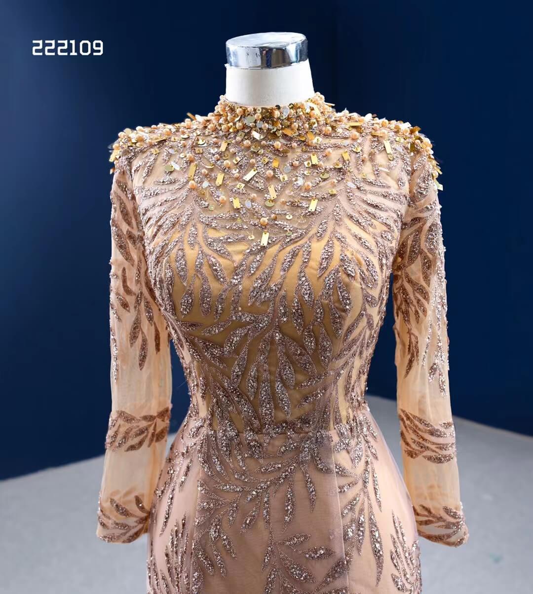 Modest Gold Mermaid Wedding Dress High Neck Long Sleeve Pageant Dress 222109-wedding dresses 2025 -Viniodress-Gold-Custom Size-
