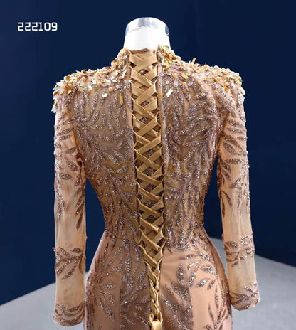 Modest Gold Mermaid Wedding Dress High Neck Long Sleeve Pageant Dress 222109-wedding dresses 2025 -Viniodress-Gold-Custom Size-