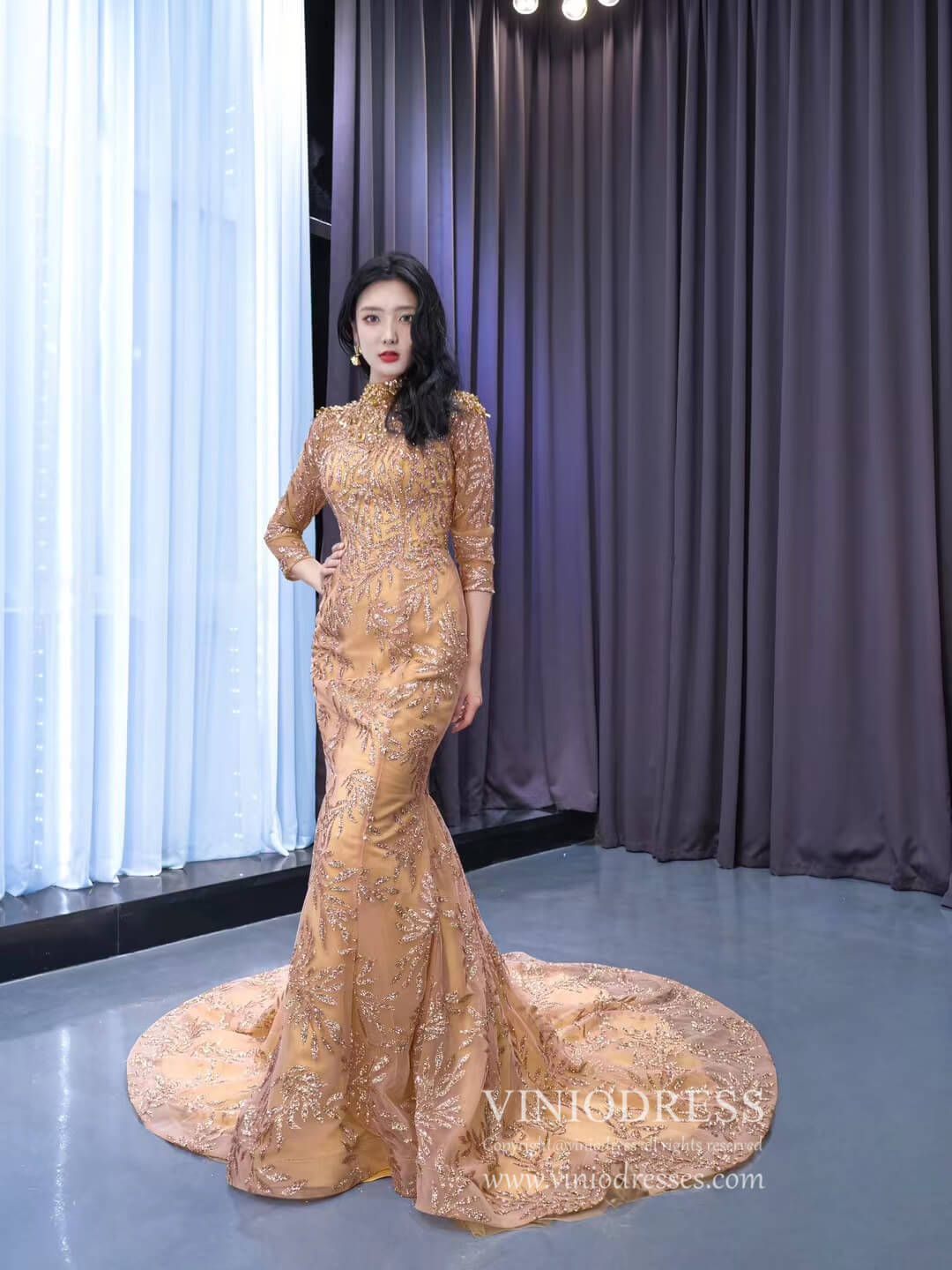 Modest Gold Mermaid Wedding Dress High Neck Long Sleeve Pageant Dress 222109-wedding dresses 2025 -Viniodress-Gold-Custom Size-