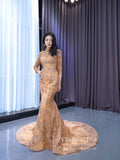 Modest Gold Mermaid Wedding Dress High Neck Long Sleeve Pageant Dress 222109