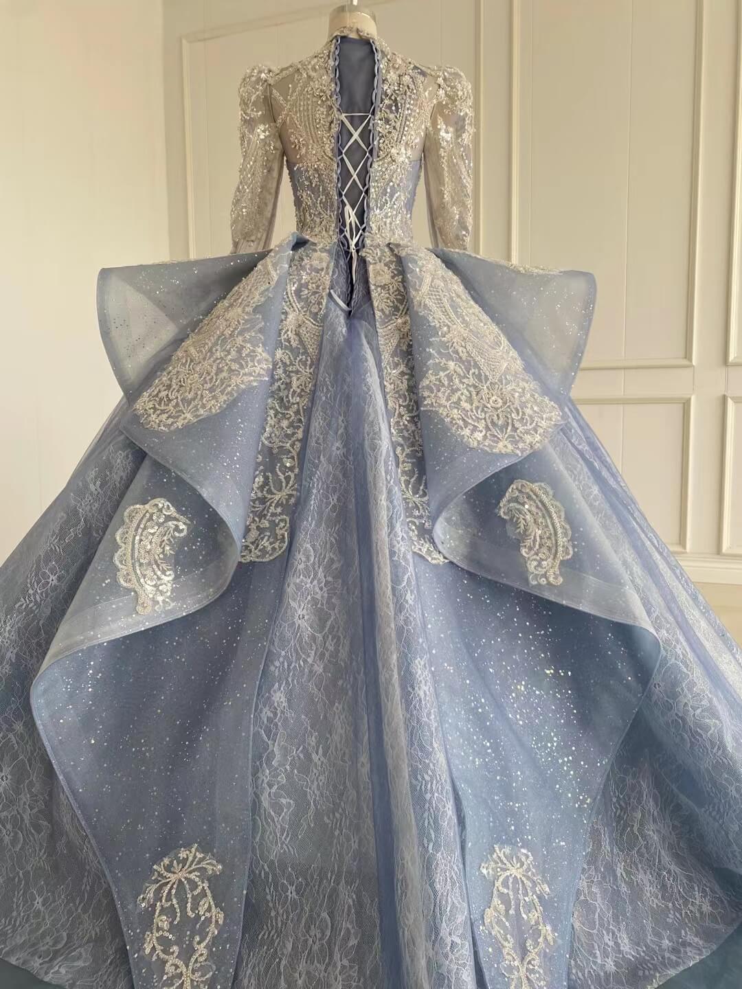 Modest High Neck Dubai Wedding Dress Dusty Blue Ball Gowns 51009 viniodress-Quinceanera Dresses 2025 -Viniodress-Dusty Blue-US 2-