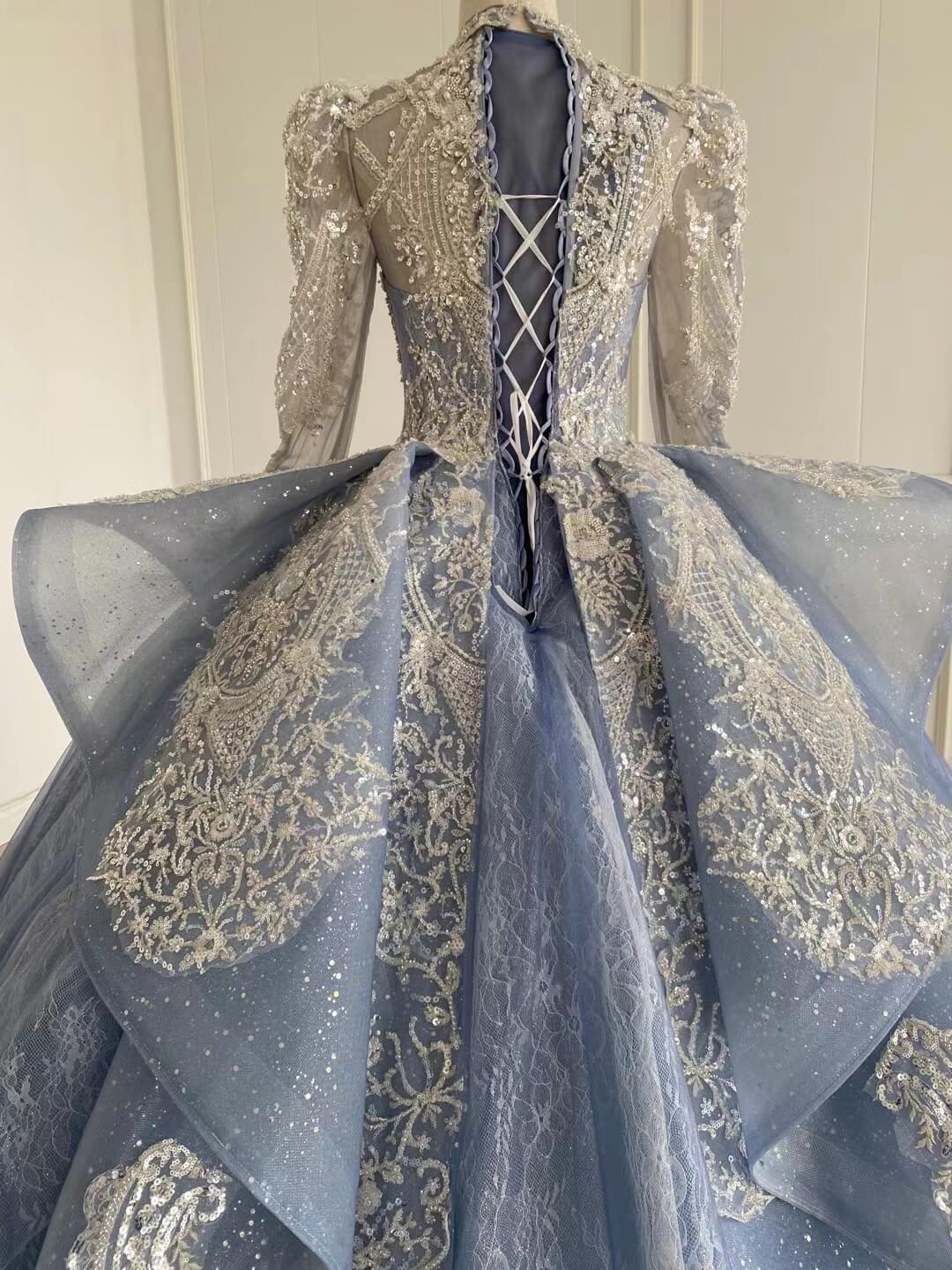 Modest High Neck Dubai Wedding Dress Dusty Blue Ball Gowns 51009 viniodress-Quinceanera Dresses 2025 -Viniodress-Dusty Blue-US 2-