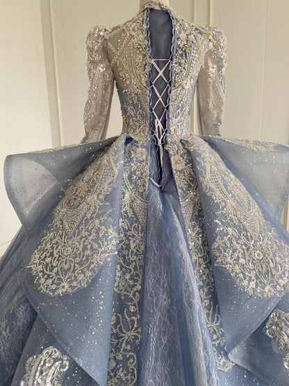 Modest High Neck Dubai Wedding Dress Dusty Blue Ball Gowns 51009 viniodress-Quinceanera Dresses 2025 -Viniodress-Dusty Blue-US 2-