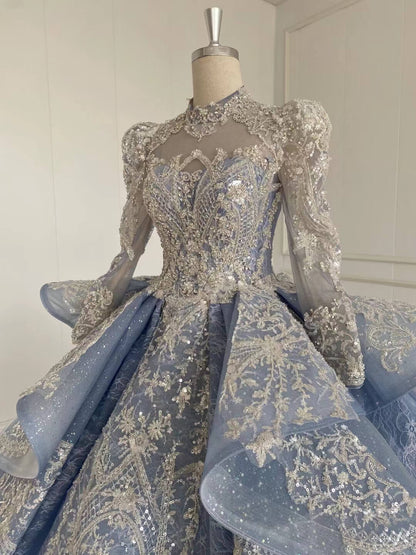 Modest High Neck Dubai Wedding Dress Dusty Blue Ball Gowns 51009 viniodress-Quinceanera Dresses 2025 -Viniodress-Dusty Blue-US 2-