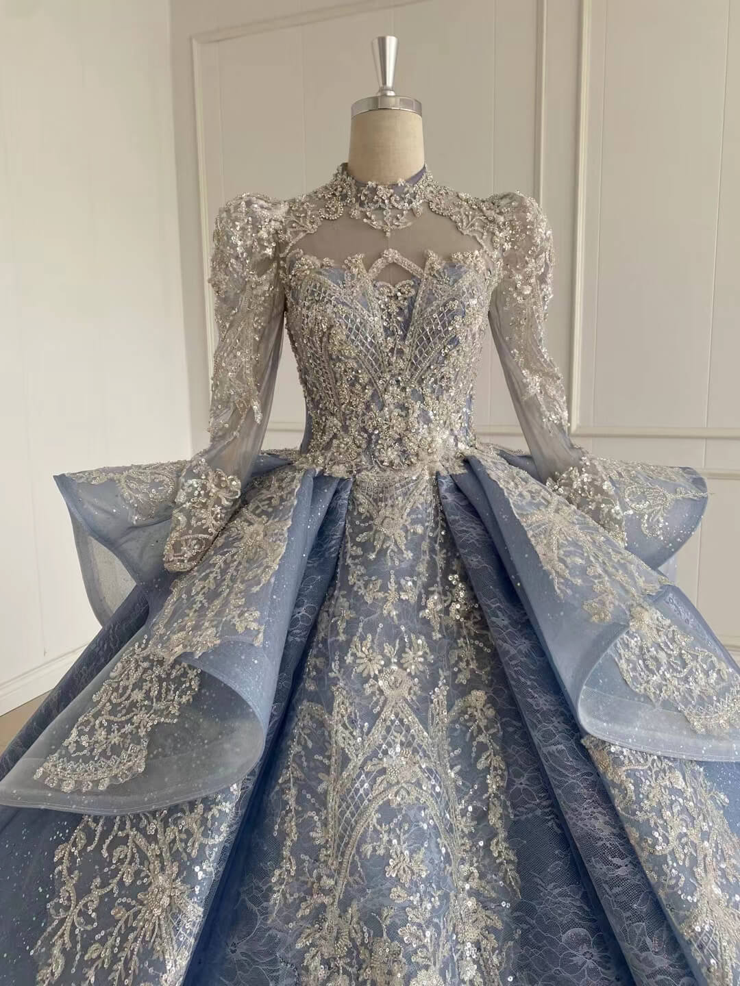 Modest High Neck Dubai Wedding Dress Dusty Blue Ball Gowns 51009 viniodress-Quinceanera Dresses-Viniodress-Viniodress