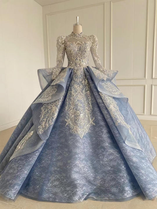 Modest High Neck Dubai Wedding Dress Dusty Blue Ball Gowns 51009 viniodress-Quinceanera Dresses-Viniodress-Dusty Blue-US 2-Viniodress