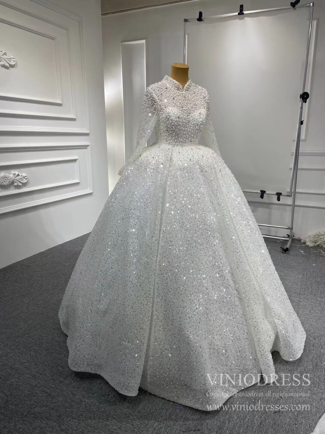 Modest High Neck Pearl Wedding Dresses with Sleeves 67265 VINIODRESS-wedding dresses-Viniodress-Viniodress