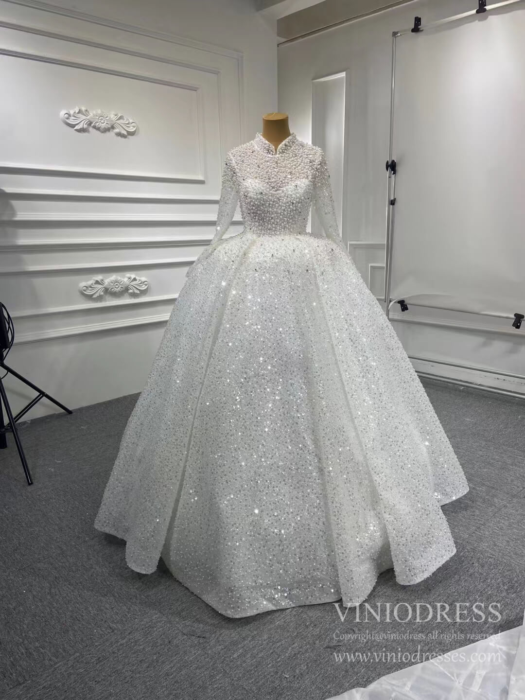 Modest High Neck Pearl Wedding Dresses with Sleeves 67265 VINIODRESS-wedding dresses-Viniodress-Ivory-Custom Size-Viniodress