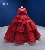 Modest High Neck Red Wedding Dress Long Sleeve Layered Ball Gown 67498