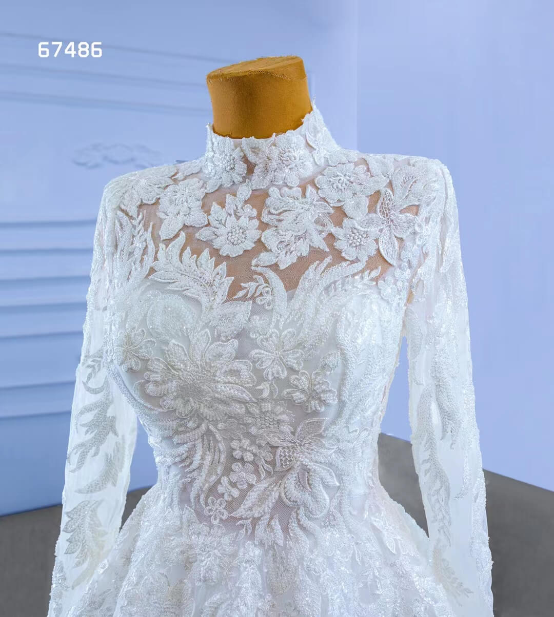 Modest High Neck Wedding Dress with Long Sleeves 67486-wedding dresses 2025 -Viniodress-Ivory-Custom Size-