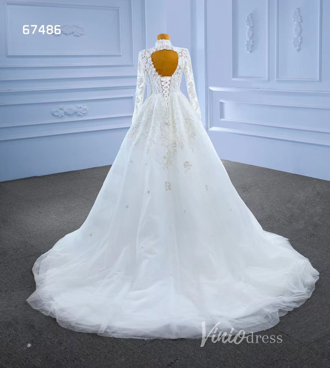 Modest High Neck Wedding Dress with Long Sleeves 67486-wedding dresses-Viniodress-Viniodress