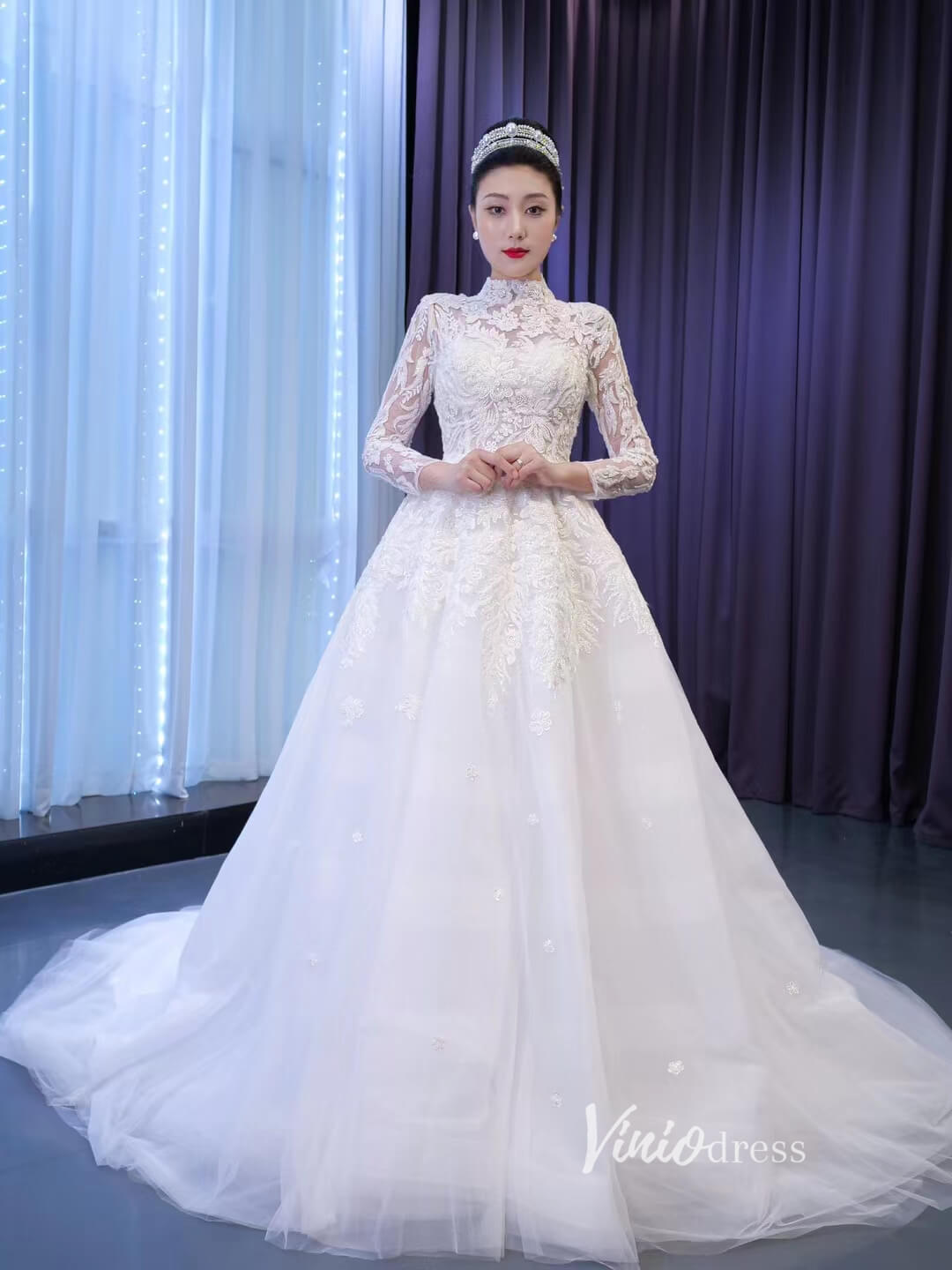 Modest High Neck Wedding Dress with Long Sleeves 67486-wedding dresses-Viniodress-Ivory-Custom Size-Viniodress