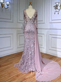 Modest Long Sleeve Evening Dresses Beaded Lace Prom Dress with Chiffon Train 20031-prom dresses-Viniodress-Viniodress