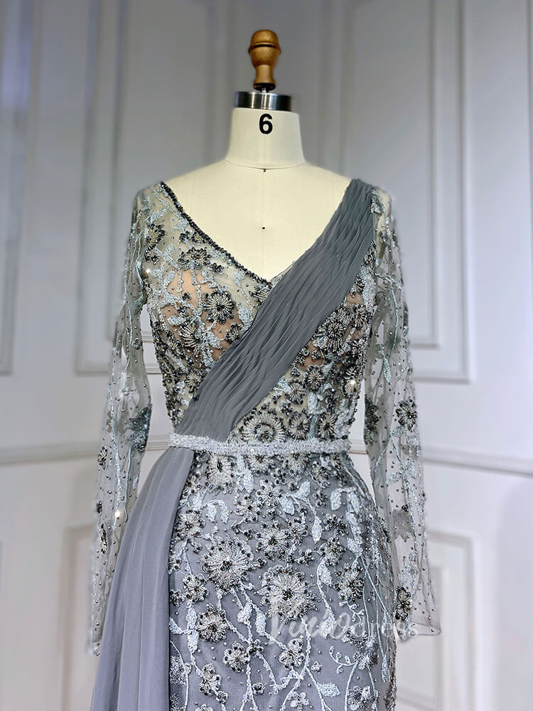 Modest Long Sleeve Evening Dresses Beaded Lace Prom Dress with Chiffon Train 20031-prom dresses-Viniodress-Viniodress