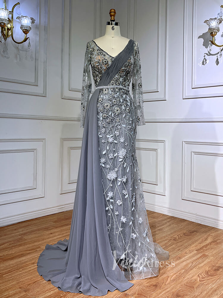 Modest Long Sleeve Evening Dresses Beaded Lace Prom Dress with Chiffon Train 20031-prom dresses-Viniodress-Grey-US 2-Viniodress