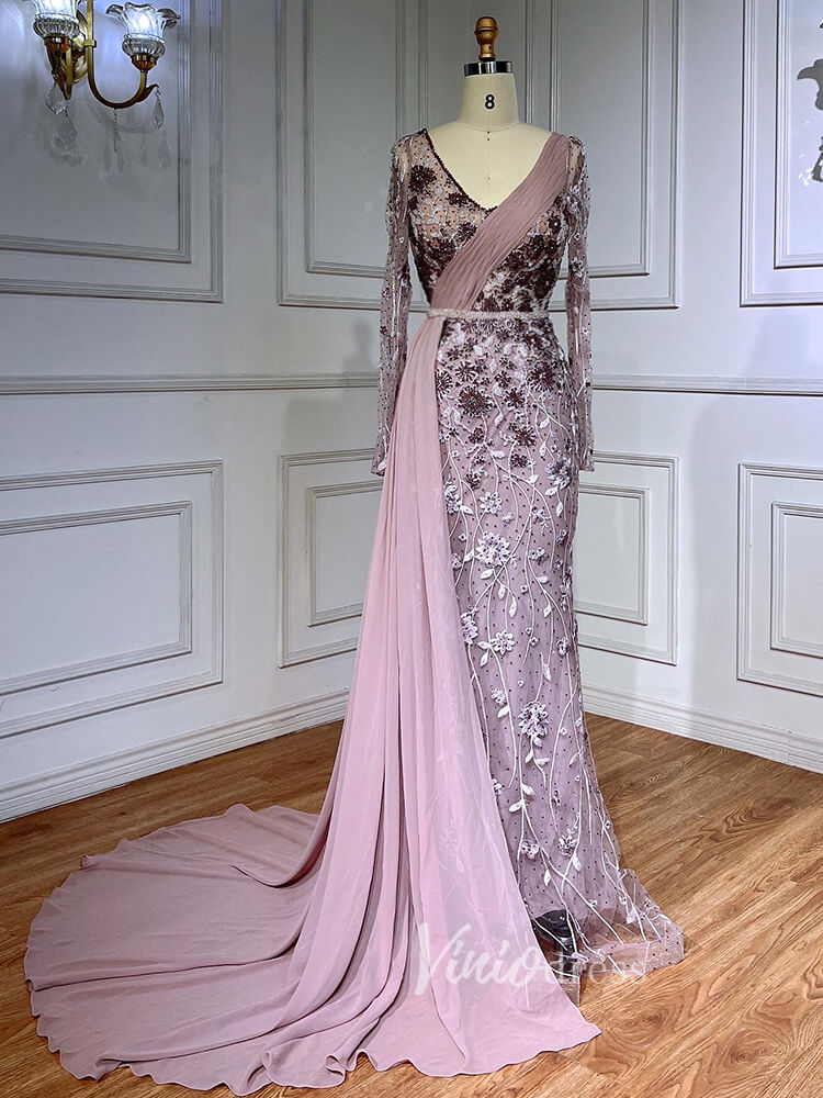 Modest Long Sleeve Evening Dresses Beaded Lace Prom Dress with Chiffon Train 20031-prom dresses-Viniodress-Pink-US 2-Viniodress