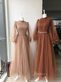 Modest Long Tulle Formal Evening Dress with Bishop Sleeve FD1452