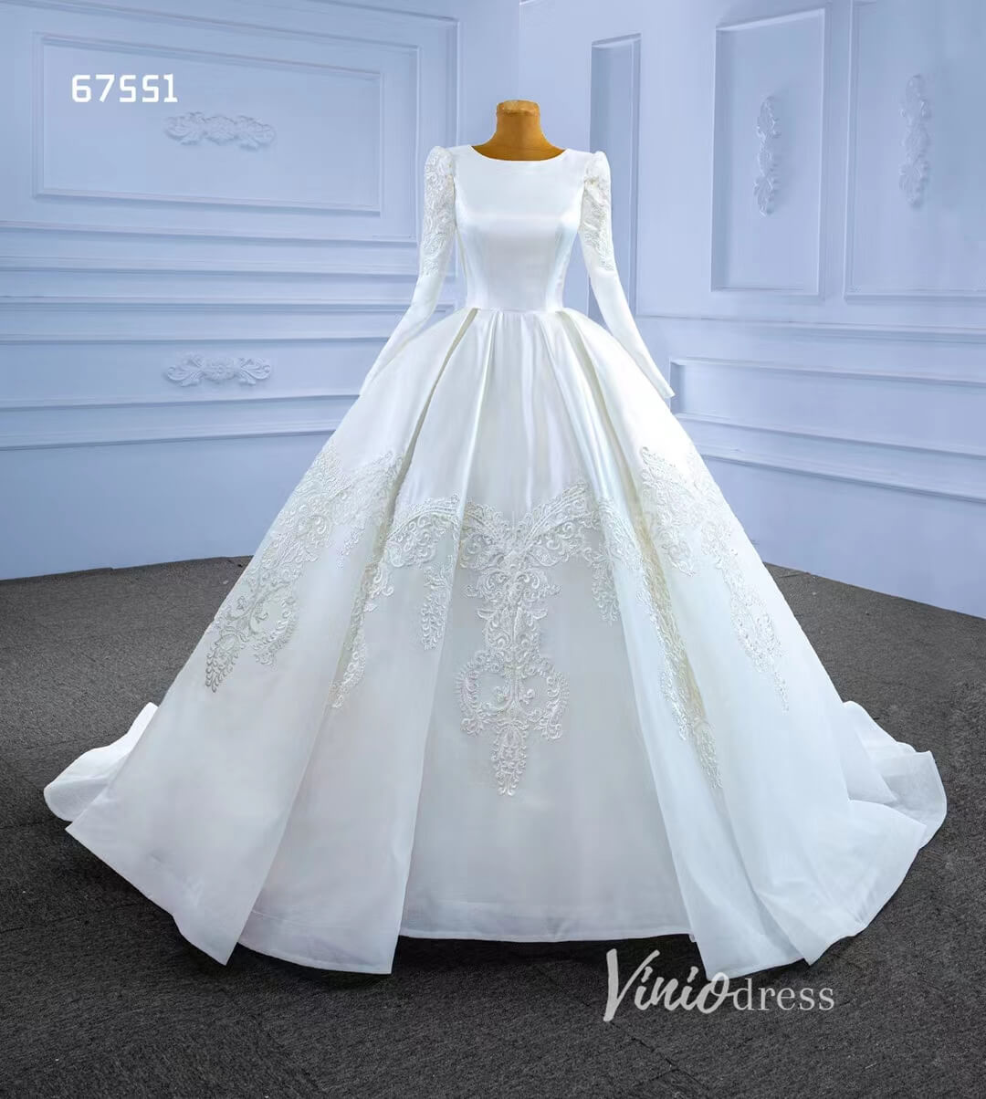 Modest Wedding Dresses Long Sleeve Ball Gown 67551-wedding dresses 2025 -Viniodress-Ivory-Custom Size-
