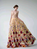 Multi-Color Floral Bottom Satin Bodice Prom Dresses Strapless Corset back Formal Gown FD2900C