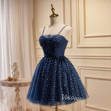 Navy Blue Dotted Tulle Homecoming Dresses Spaghetti Strap Short Prom Dress SD1587-prom dresses-Viniodress-Viniodress