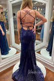 Navy Blue Mermaid Prom Dress: Spaghetti Strap, Beaded Bodice, and Sequin Bottom FD3472-prom dresses-Viniodress-Viniodress