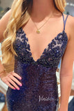 Navy Blue Mermaid Prom Dress: Spaghetti Strap, Beaded Bodice, and Sequin Bottom FD3472-prom dresses-Viniodress-Viniodress