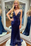 Navy Blue Mermaid Prom Dress: Spaghetti Strap, Beaded Bodice, and Sequin Bottom FD3472
