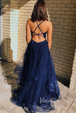 Navy Blue Ruffled Sequin Prom Dress with Spaghetti Strap and Plunging V-Neck FD3502-prom dresses-Viniodress-Viniodress