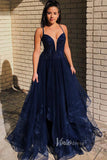 Navy Blue Ruffled Sequin Prom Dress with Spaghetti Strap and Plunging V-Neck FD3502