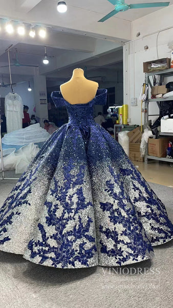Navy Blue Sequin Ball Gown Prom Dresses Floral Quinceanera Dress 66536 ...