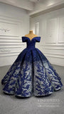 Navy Blue Sequin Ball Gown Prom Dresses Floral Quinceanera Dress 66536B viniodress